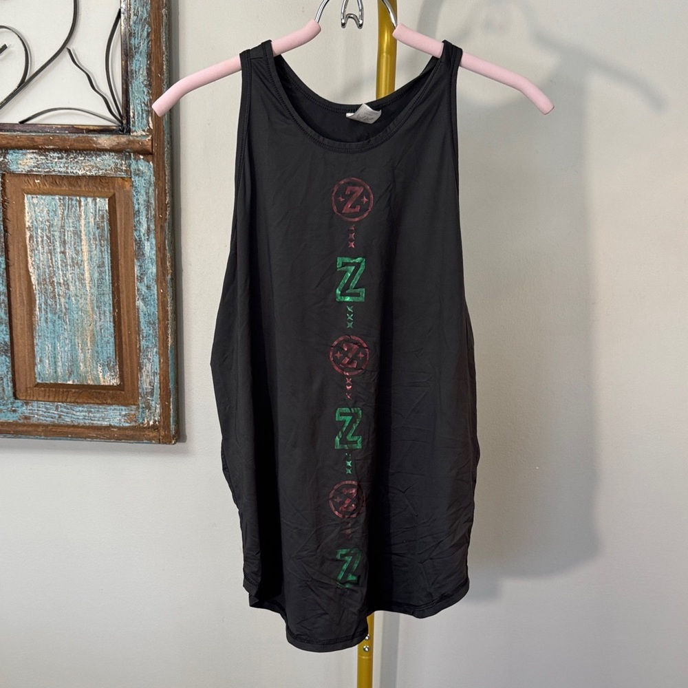 Zumba Fitness Black racer back polyester Tank Top with Green and Pink Graphic L